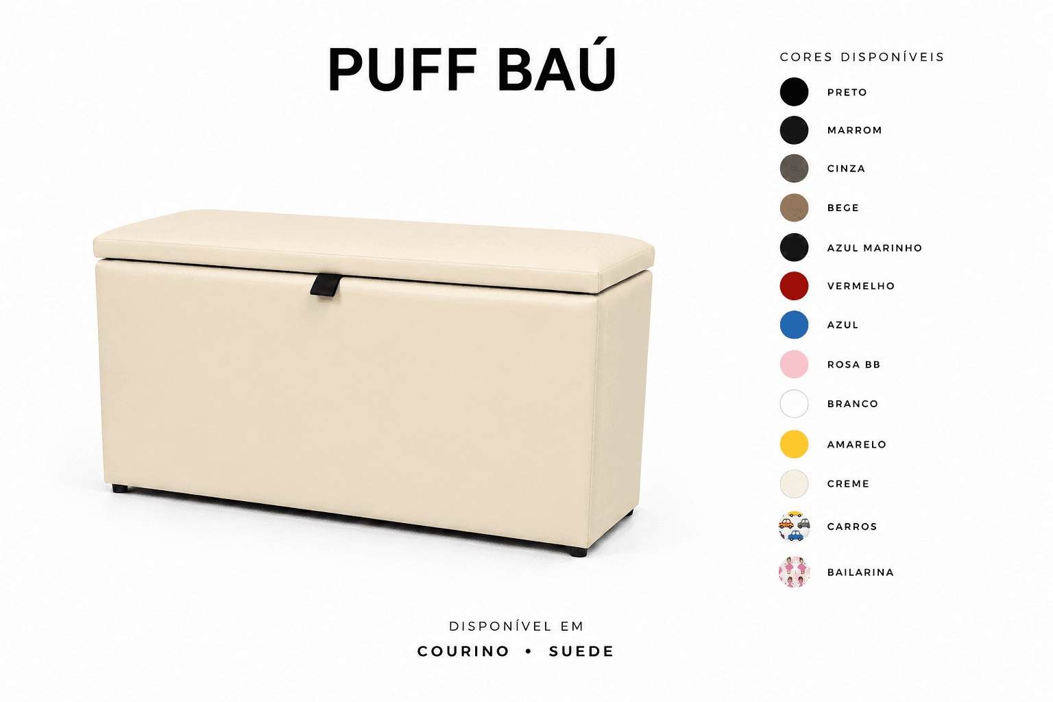 Puff Baú Retangular Tarraxa 55x33 (Alt. 42) - Creme