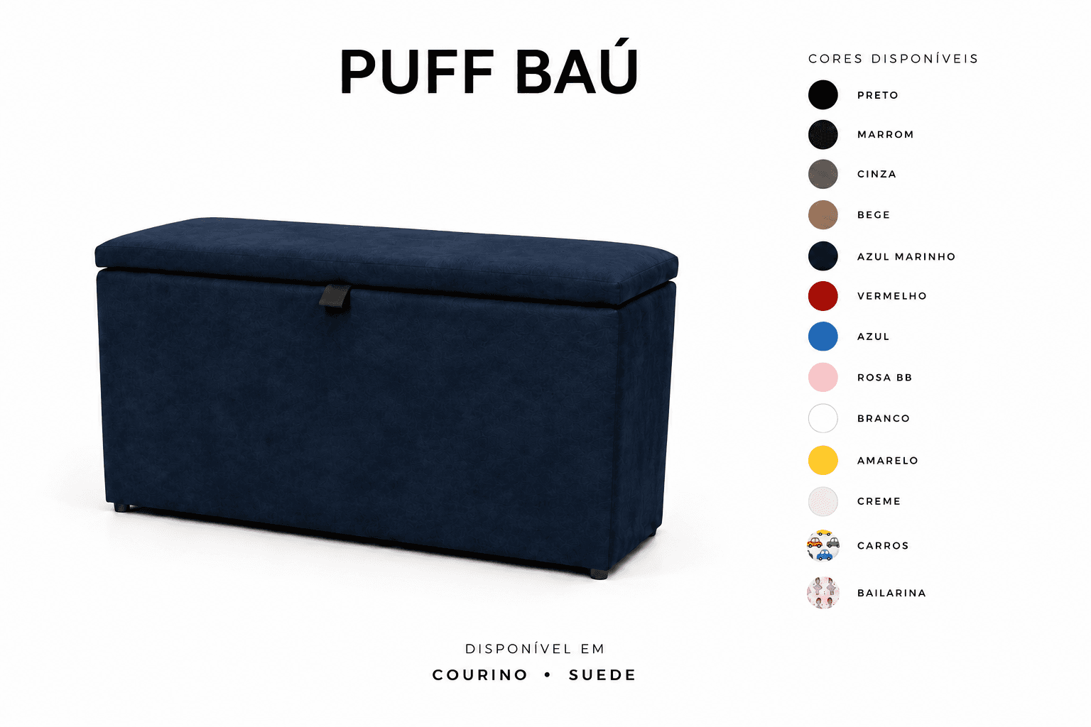 Puff Baú Tampa lisa Retangular 60x33 - Azul Marinho