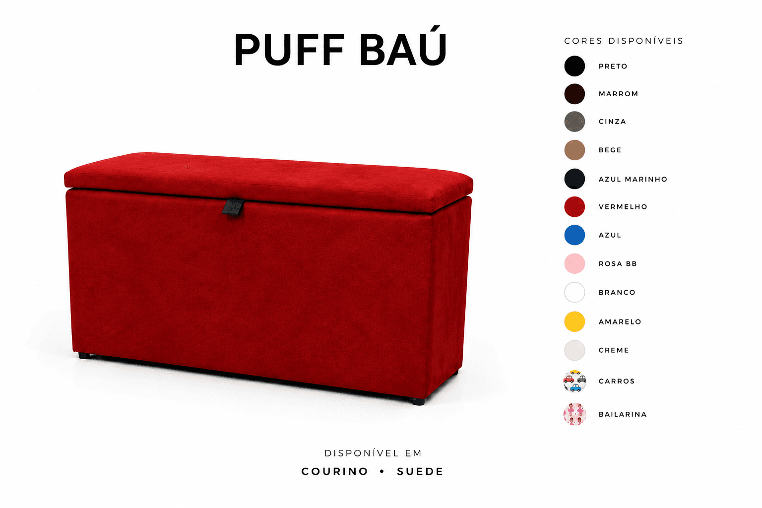 Puff Baú Tampa lisa Retangular 60x33 - Vermelho